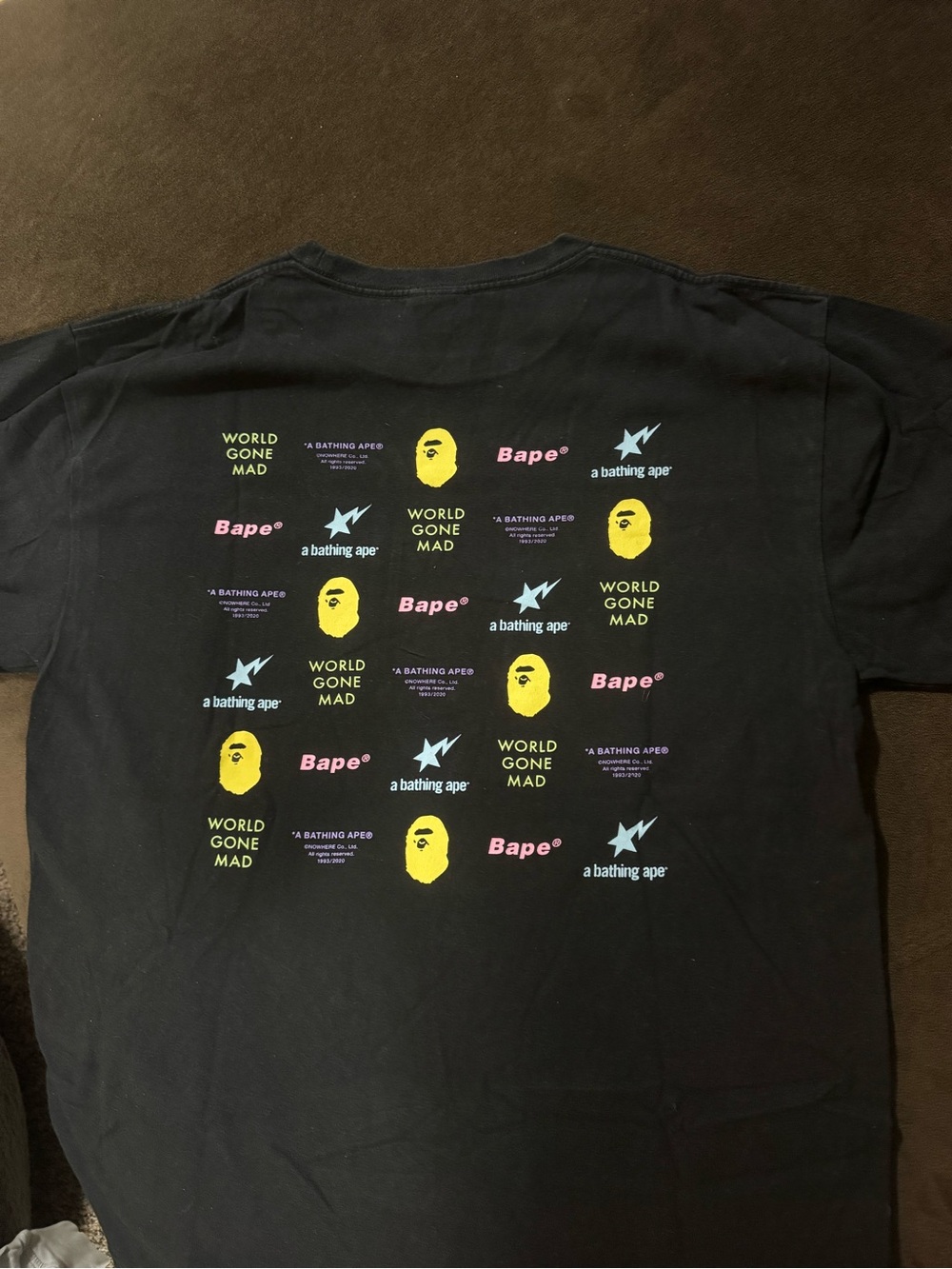 Bape Black Tee with Yellow Ape Head and Purple Text